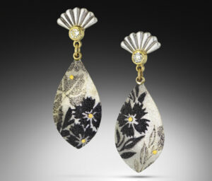 Silver and gold stud dangle earrings with diamond fan tops and enamel drops with green and black flowers