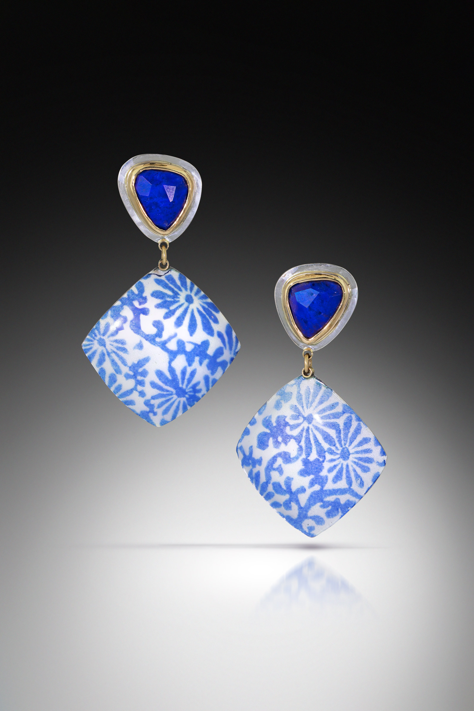 Lapis and Blue Floral Cushion Earrings - Image 2