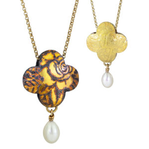 Quatrefoil pillow pendant with gold rose and freshwater pearl drop