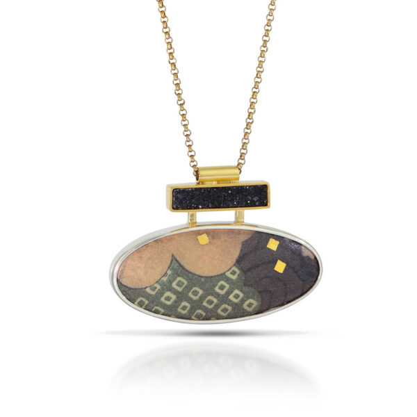 Green enamel oval and rectangle black druzy in gold necklace