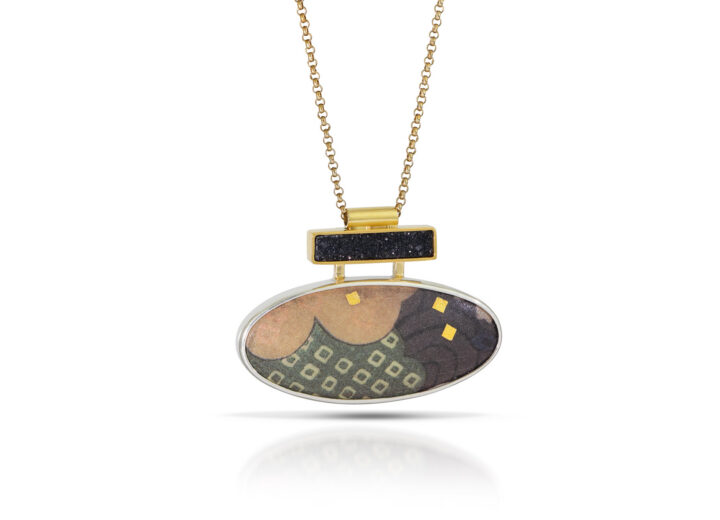 Green enamel oval and rectangle black druzy in gold necklace