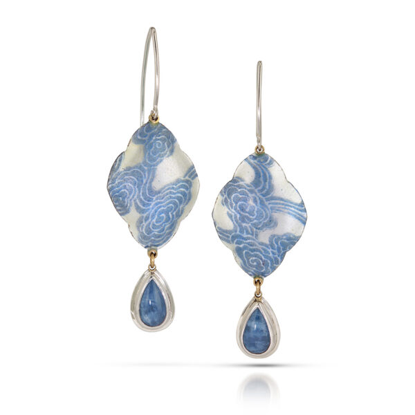 Enamel navette earrings with blue cloud decals and teardrop aquamarine dangles in sterling silver