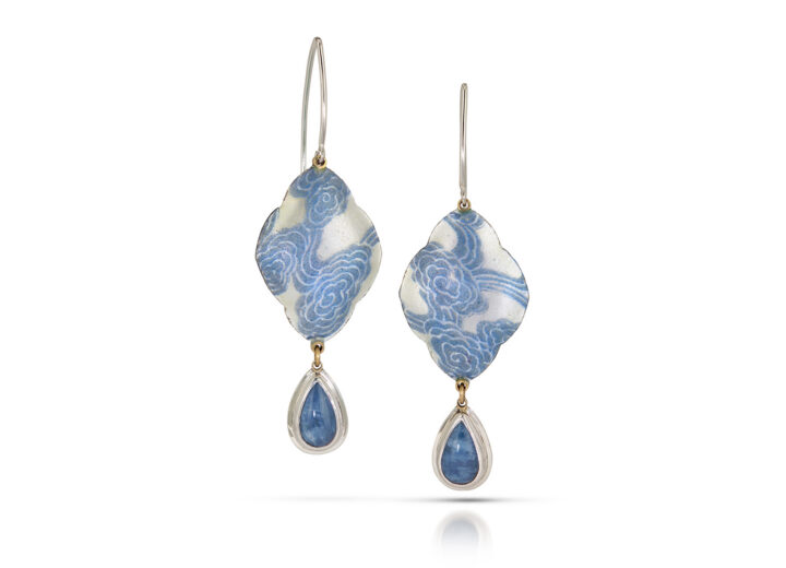 Enamel navette earrings with blue cloud decals and teardrop aquamarine dangles in sterling silver