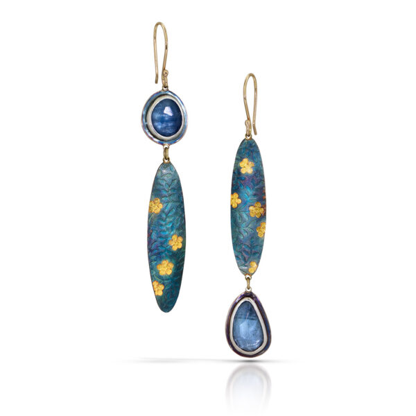 Aquamarine in long asymmetric earrings with blue and gold ovals