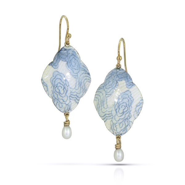 Enameled navette diamond earrings with blue cloud decal and pearl drops with gold connections