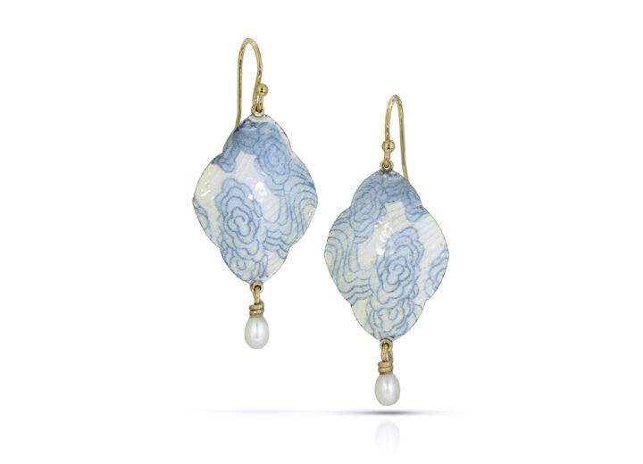 Enameled navette diamond earrings with blue cloud decal and pearl drops with gold connections