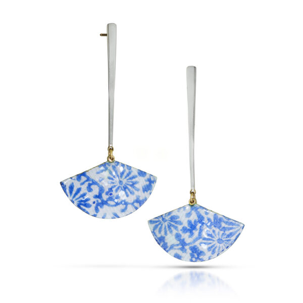 Tapered silver drops with blue and white enamel fan dangles