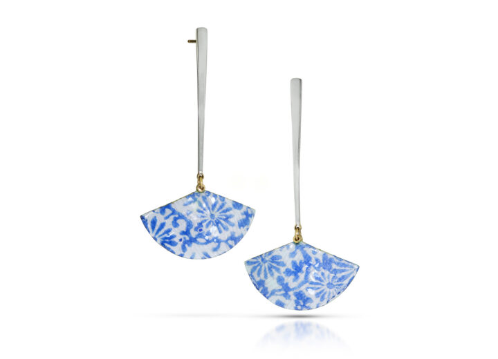 Tapered silver drops with blue and white enamel fan dangles