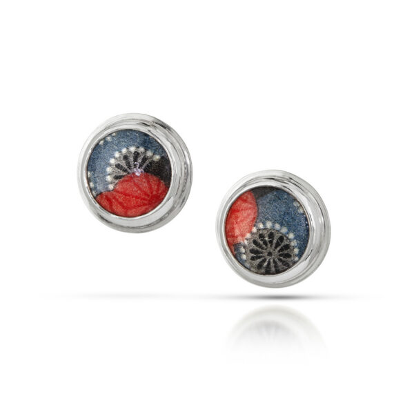 Blue and red enamel circles in silver bezel stud earrings