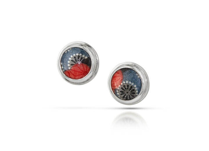 Blue and red enamel circles in silver bezel stud earrings