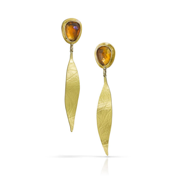 Yellow citrine stud earrings with gold willow leaf drops
