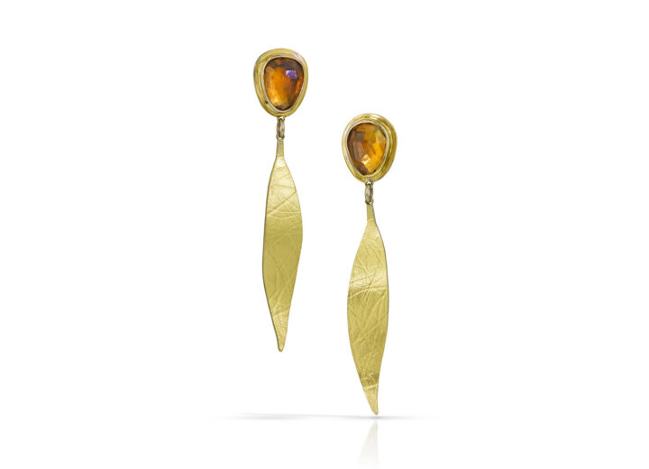 Yellow citrine stud earrings with gold willow leaf drops