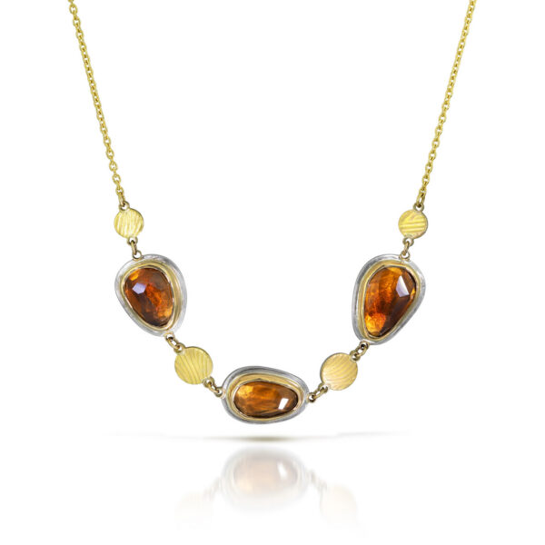 Necklace with three citrine gemstones and gold circles