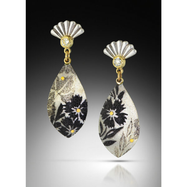 Silver and gold stud dangle earrings with diamond fan tops and enamel drops with green and black flowers