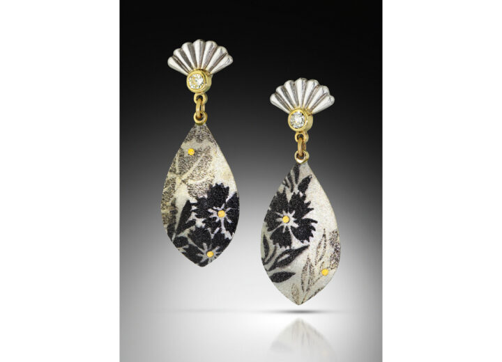 Silver and gold stud dangle earrings with diamond fan tops and enamel drops with green and black flowers