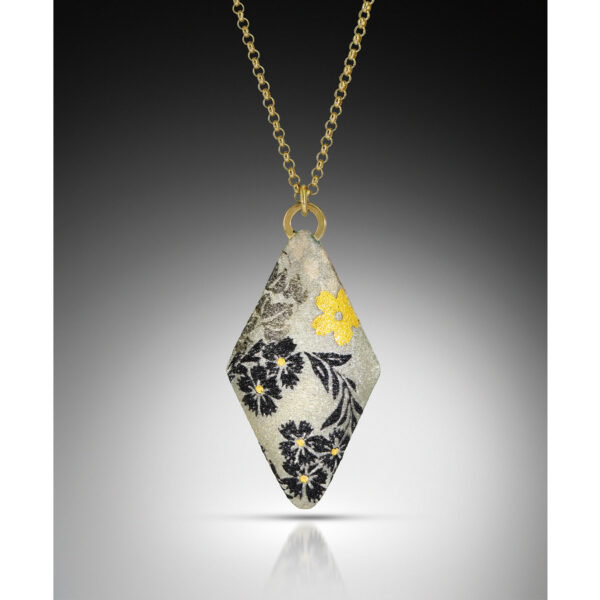 Diamond shape enamel necklace with green and black flowers