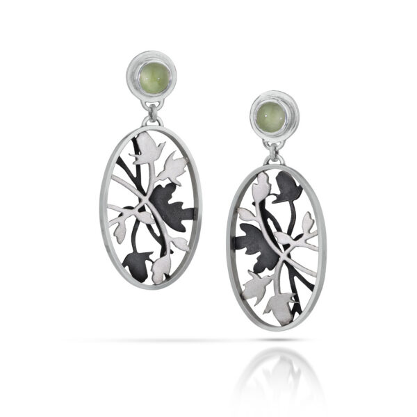 Green circle gemstone studs with oval dangles of black and silver vines