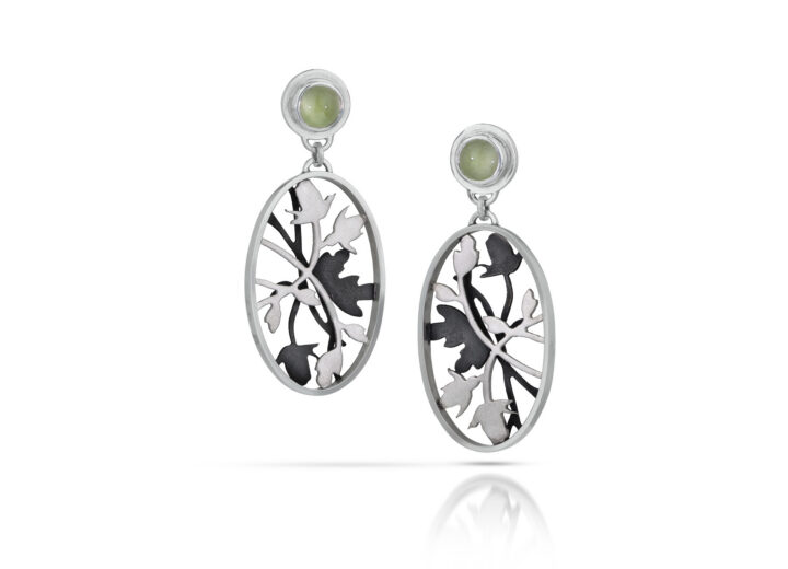 Green circle gemstone studs with oval dangles of black and silver vines