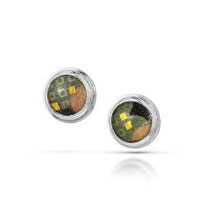 Green and gold enamel circles in silver bezel stud earrings