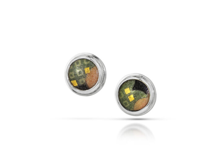 Green and gold enamel circles in silver bezel stud earrings