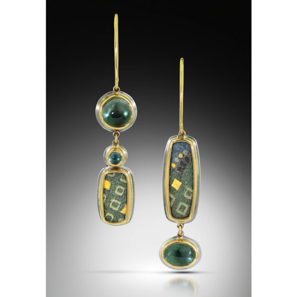 Green tourmaline earrings with green enamel asymmetric designs