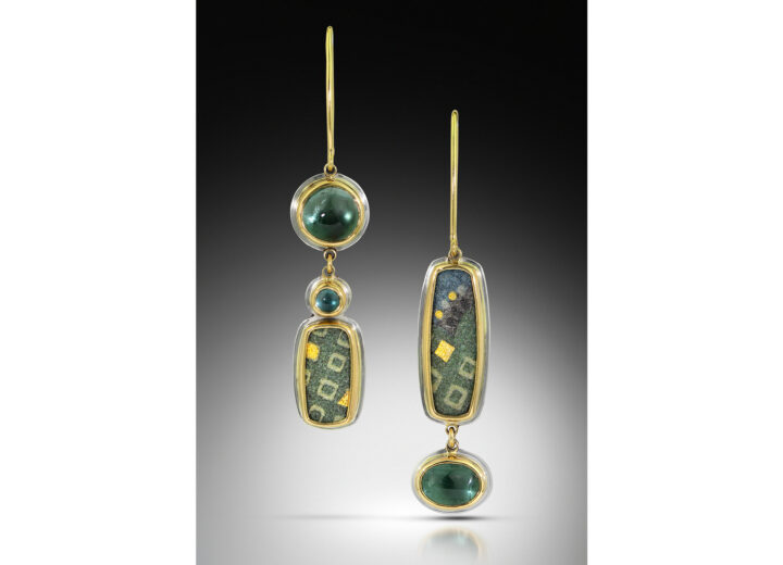 Green tourmaline earrings with green enamel asymmetric designs