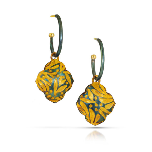 Black and gold hoops with fancy quatrefoil charms with gold floral pattern