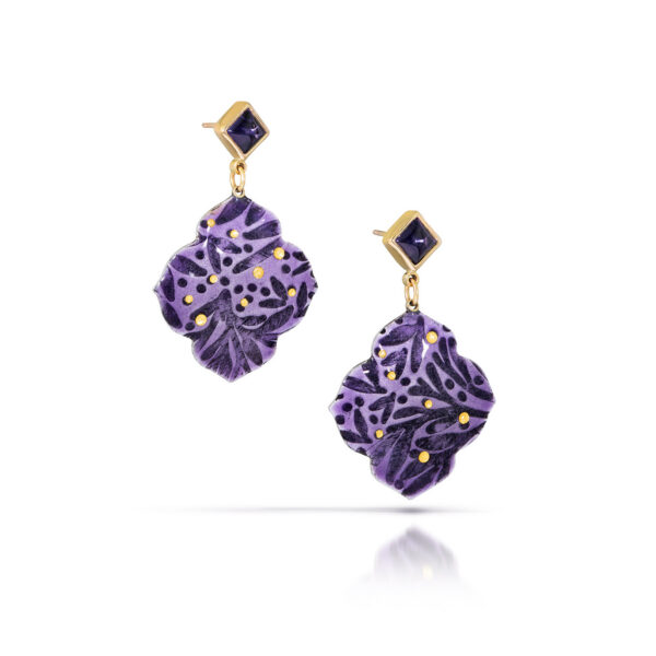 Iolite studs with purple enamel fancy quatrefoil drops