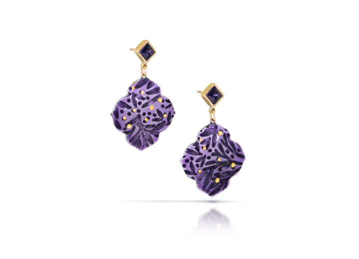 Iolite studs with purple enamel fancy quatrefoil drops