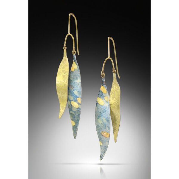 Blue and gold enamel leaves and embossed gold leaves on gold earwires