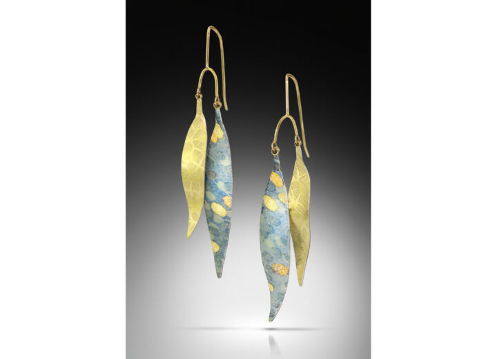 Blue and gold enamel leaves and embossed gold leaves on gold earwires