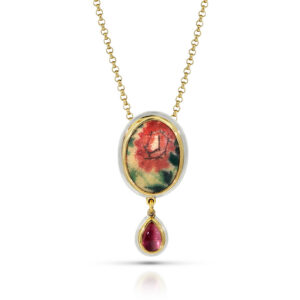 Pink flower enamel oval in gold bezel with pink tourmaline teardrop drop