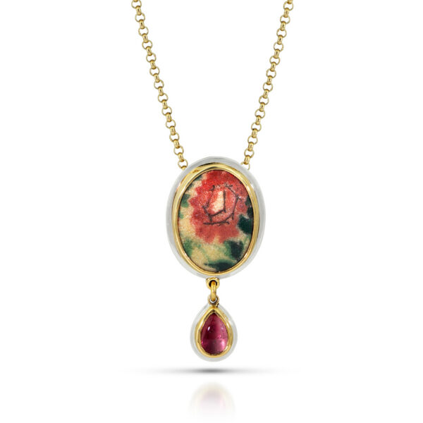 Pink flower enamel oval in gold bezel with pink tourmaline teardrop drop