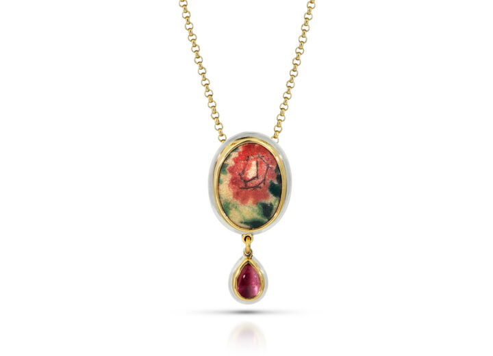 Pink flower enamel oval in gold bezel with pink tourmaline teardrop drop