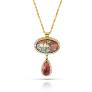 oval enamel pink with flowers in gold bezel with pink tourmaline teardrop dangle and gold chain