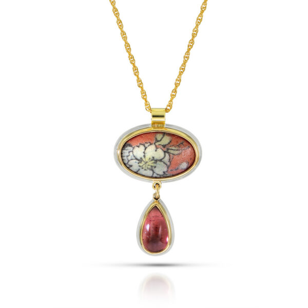 oval enamel pink with flowers in gold bezel with pink tourmaline teardrop dangle and gold chain