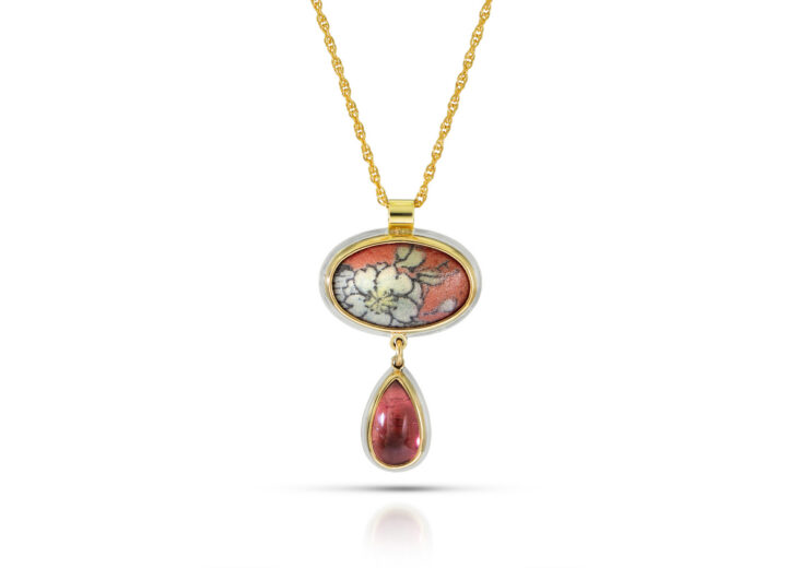 oval enamel pink with flowers in gold bezel with pink tourmaline teardrop dangle and gold chain