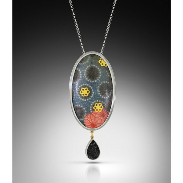 Blue and red enamel oval in silver necklace with teardrop black druzy