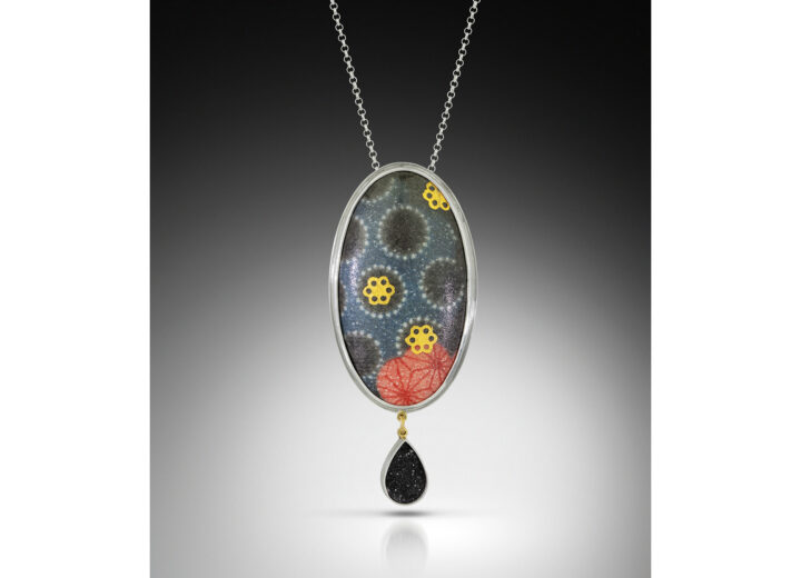 Blue and red enamel oval in silver necklace with teardrop black druzy