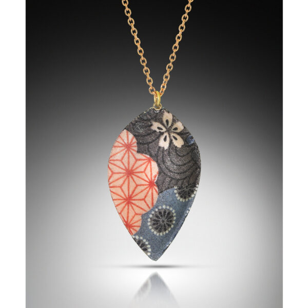 Pink black and blue enamel pendant in shield petal shape