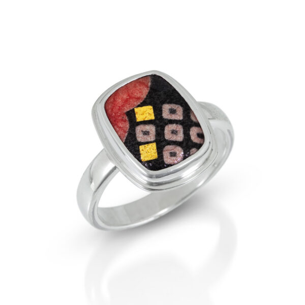 Rectangle enamel with black red and gold in silver handmade ring