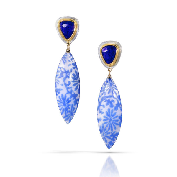 Blue lapis in gold studs with enamel marquis blue and white drops