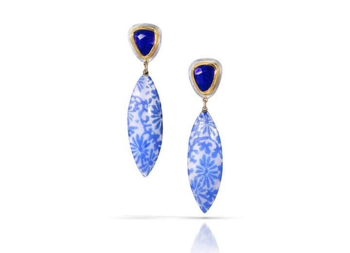 Blue lapis in gold studs with enamel marquis blue and white drops