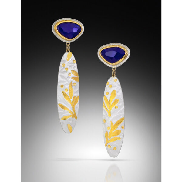 Lapis stud earrings with oval silver and gold drops
