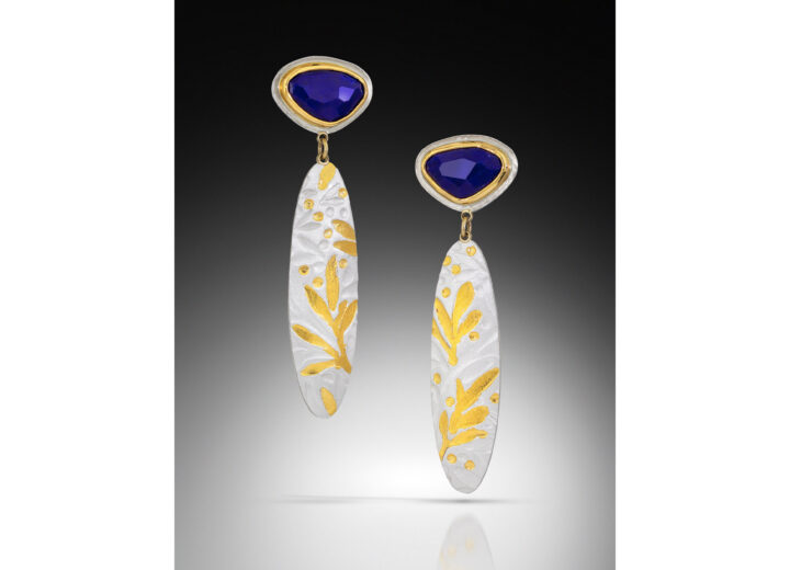 Lapis stud earrings with oval silver and gold drops