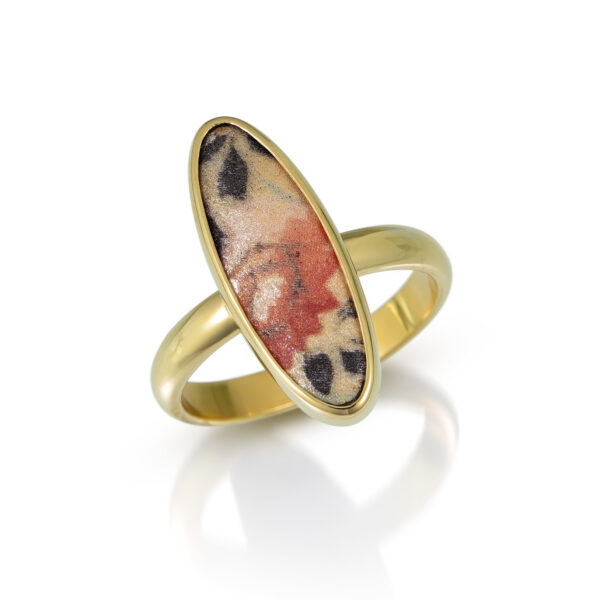 Long oval enamel rose with gold bezel and gold band ring