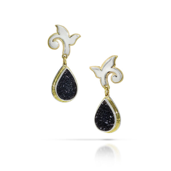 Black druzy teardrops and silver and gold flourish stud earrings