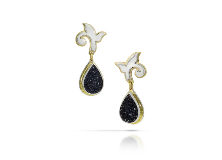 Black druzy teardrops and silver and gold flourish stud earrings