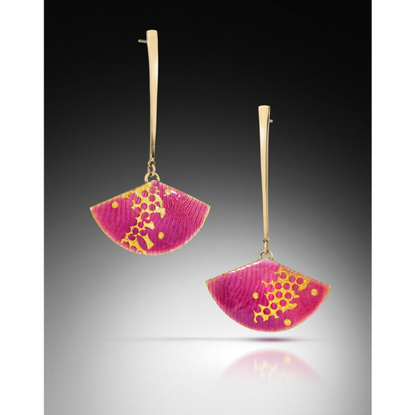 Pink fans with gold fragments on handmade tapered gold drops