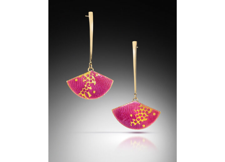 Pink fans with gold fragments on handmade tapered gold drops